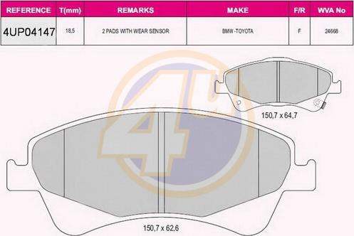 4U 4UP04147 - Kit pastiglie freno, Freno a disco autozon.pro