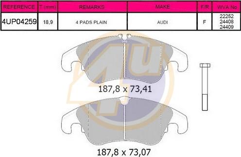 4U 4UP04259 - Kit pastiglie freno, Freno a disco autozon.pro