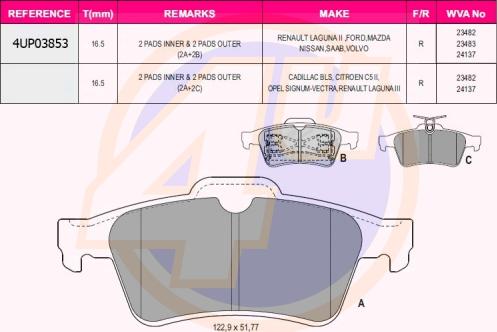 4U 4UP03853 - Kit pastiglie freno, Freno a disco autozon.pro