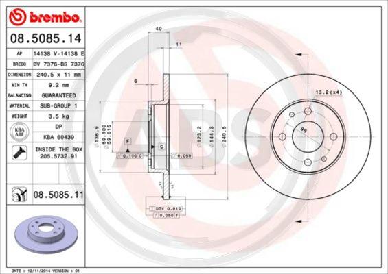 A.B.S. 08.5085.11 - Discofreno autozon.pro