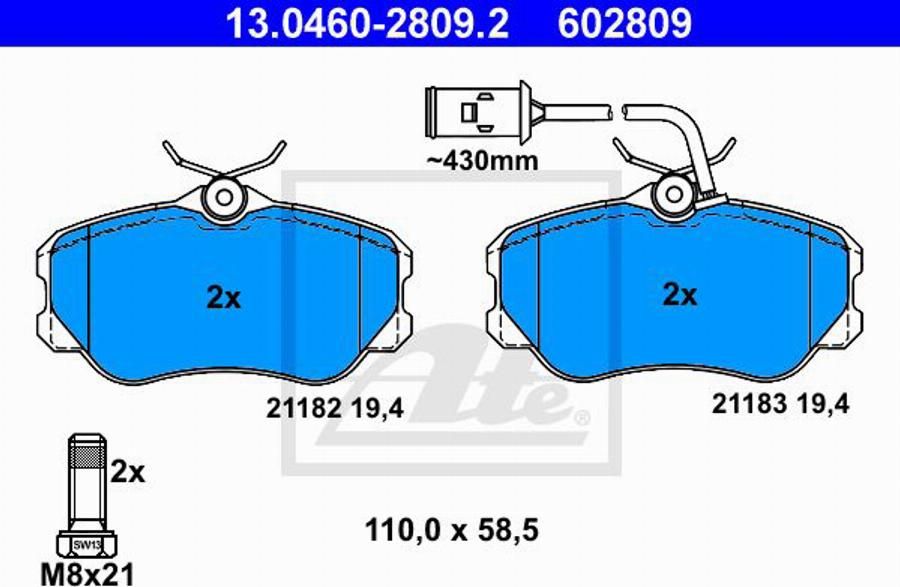 ATE 602809 - Kit pastiglie freno, Freno a disco autozon.pro