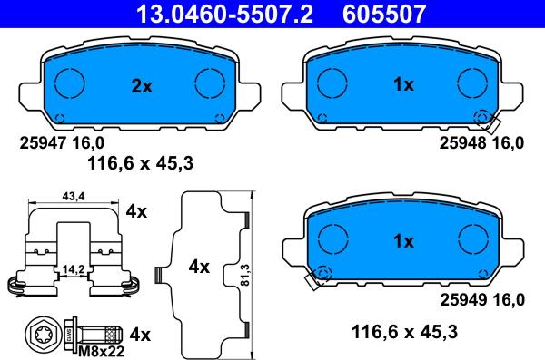 ATE 13.0460-5507.2 - Kit pastiglie freno, Freno a disco autozon.pro