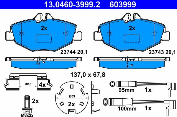 ATE 13.0460-3999.2 - Kit pastiglie freno, Freno a disco autozon.pro