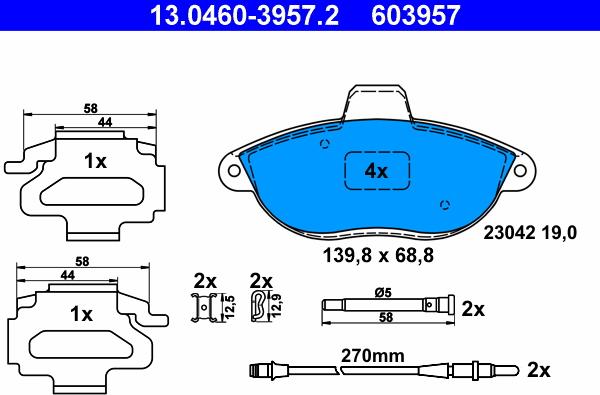 ATE 13.0460-3957.2 - Kit pastiglie freno, Freno a disco autozon.pro