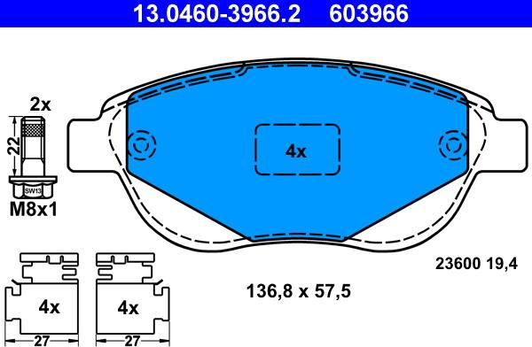 ATE 13.0460-3966.2 - Kit pastiglie freno, Freno a disco autozon.pro