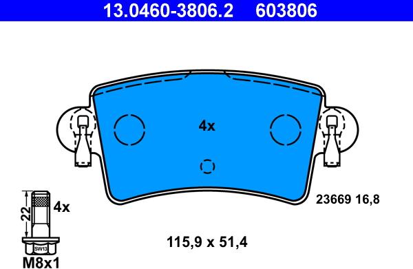 ATE 13.0460-3806.2 - Kit pastiglie freno, Freno a disco autozon.pro