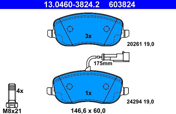 ATE 13.0460-3824.2 - Kit pastiglie freno, Freno a disco autozon.pro