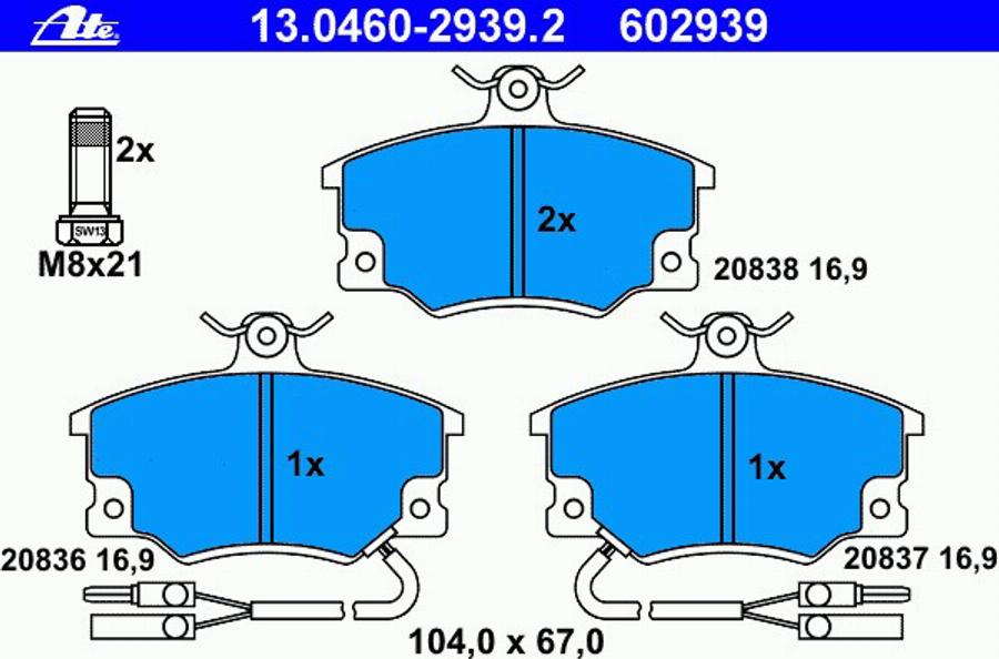 ATE 13.0460-2939.2 - Kit pastiglie freno, Freno a disco autozon.pro