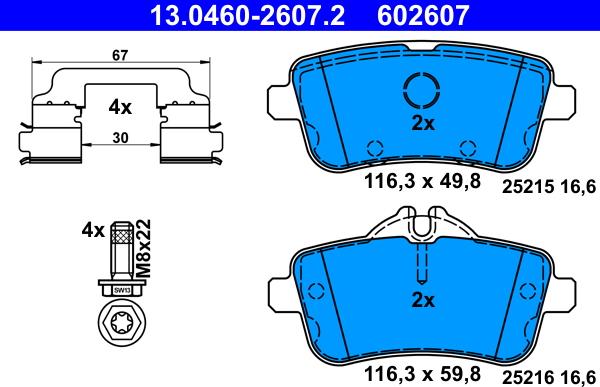 ATE 13.0460-2607.2 - Kit pastiglie freno, Freno a disco autozon.pro