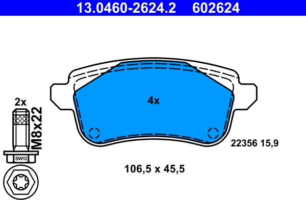 ATE 13.0460-2624.2 - Kit pastiglie freno, Freno a disco autozon.pro