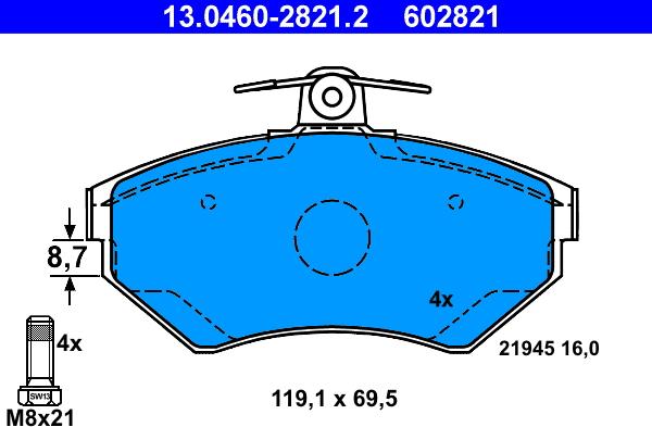 ATE 13.0460-2821.2 - Kit pastiglie freno, Freno a disco autozon.pro