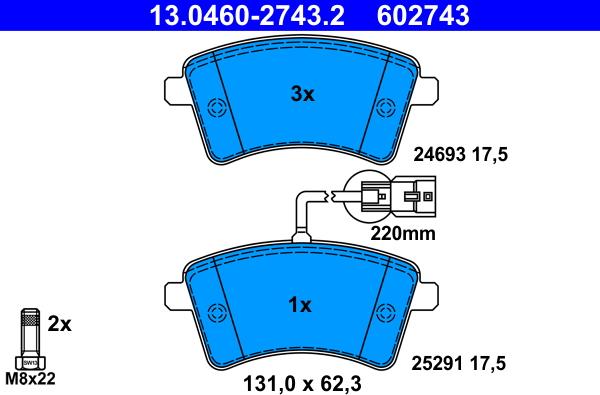 ATE 13.0460-2743.2 - Kit pastiglie freno, Freno a disco autozon.pro