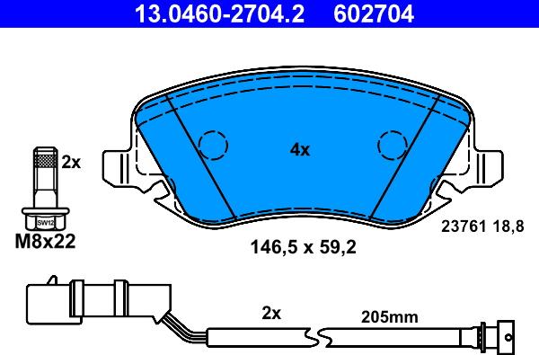 ATE 13.0460-2704.2 - Kit pastiglie freno, Freno a disco autozon.pro