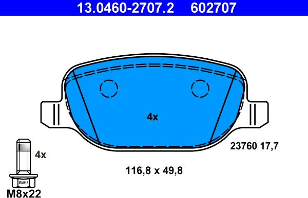 ATE 13.0460-2707.2 - Kit pastiglie freno, Freno a disco autozon.pro