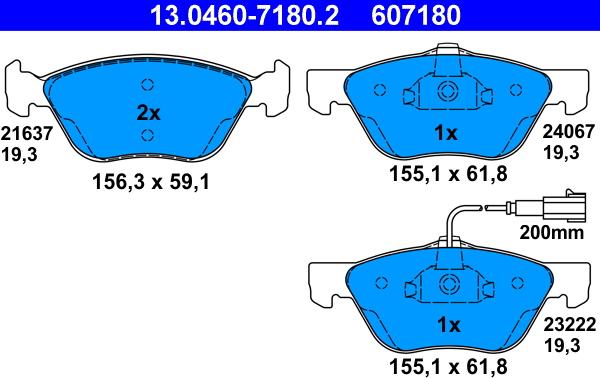 ATE 13.0460-7180.2 - Kit pastiglie freno, Freno a disco autozon.pro