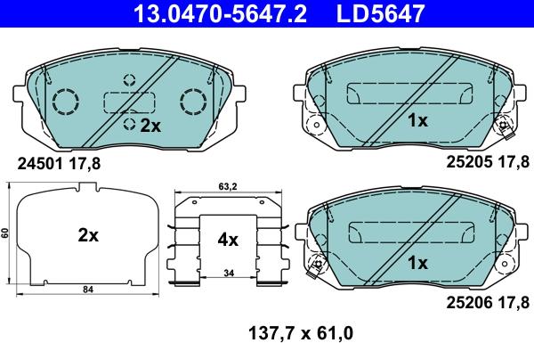 ATE 13.0470-5647.2 - Kit pastiglie freno, Freno a disco autozon.pro