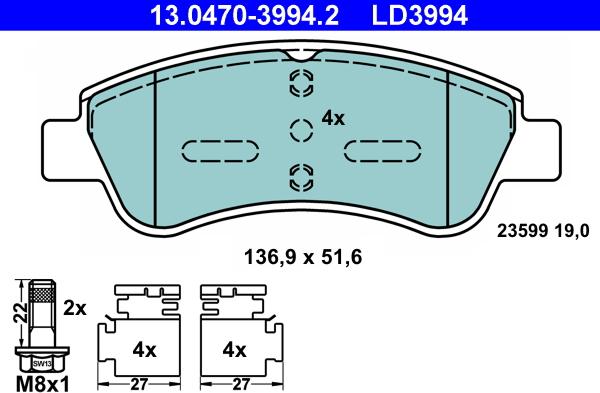 ATE 13.0470-3994.2 - Kit pastiglie freno, Freno a disco autozon.pro