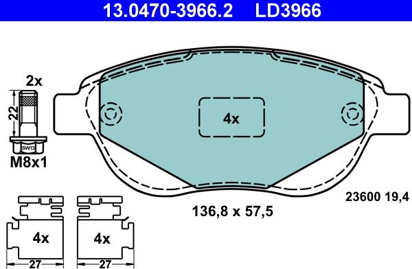 ATE 13.0470-3966.2 - Kit pastiglie freno, Freno a disco autozon.pro