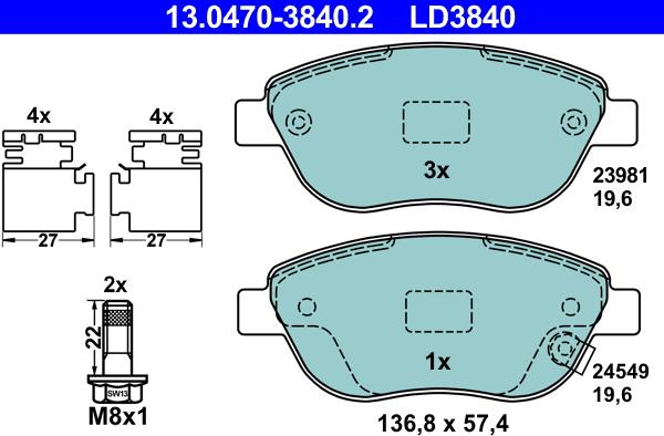 ATE 13.0470-3840.2 - Kit pastiglie freno, Freno a disco autozon.pro