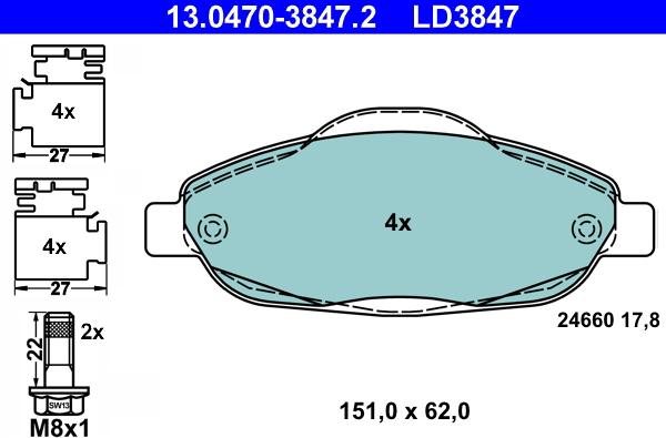 ATE 13.0470-3847.2 - Kit pastiglie freno, Freno a disco autozon.pro