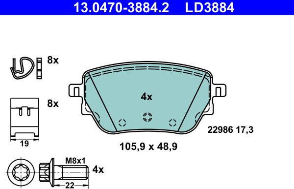 ATE 13.0470-3884.2 - Kit pastiglie freno, Freno a disco autozon.pro