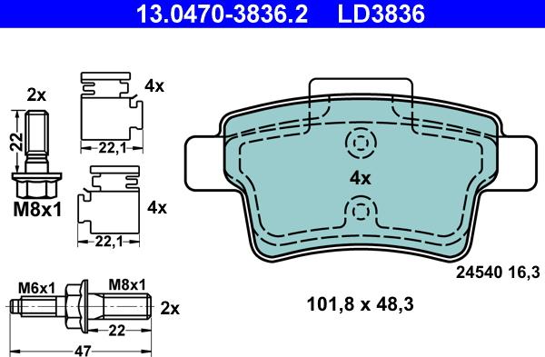 ATE 13.0470-3836.2 - Kit pastiglie freno, Freno a disco autozon.pro