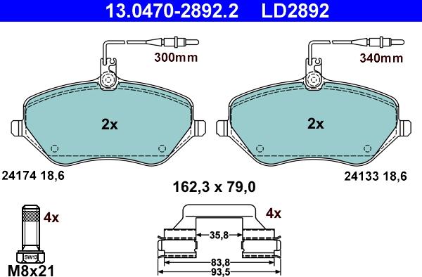 ATE 13.0470-2892.2 - Kit pastiglie freno, Freno a disco autozon.pro