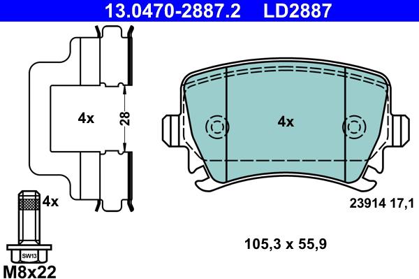 ATE 13.0470-2887.2 - Kit pastiglie freno, Freno a disco autozon.pro