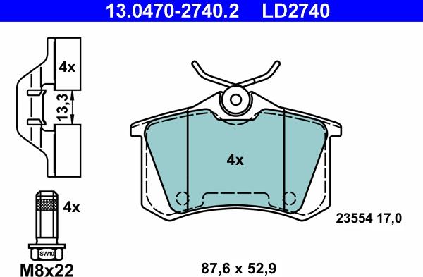 ATE 13.0470-2740.2 - Kit pastiglie freno, Freno a disco autozon.pro