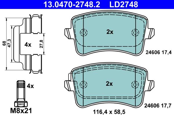 ATE 13.0470-2748.2 - Kit pastiglie freno, Freno a disco autozon.pro