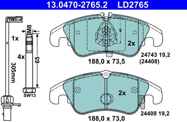 ATE 13.0470-2765.2 - Kit pastiglie freno, Freno a disco autozon.pro