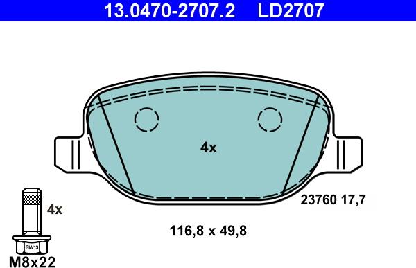 ATE 13.0470-2707.2 - Kit pastiglie freno, Freno a disco autozon.pro