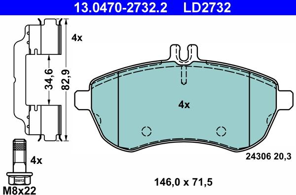 ATE 13.0470-2732.2 - Kit pastiglie freno, Freno a disco autozon.pro