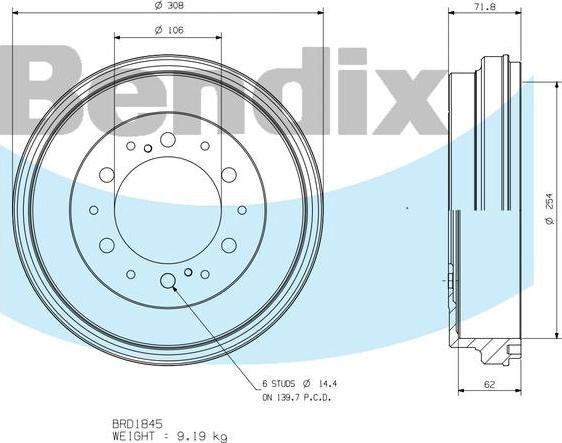 BENDIX BRD1845 - Tamburo freno autozon.pro