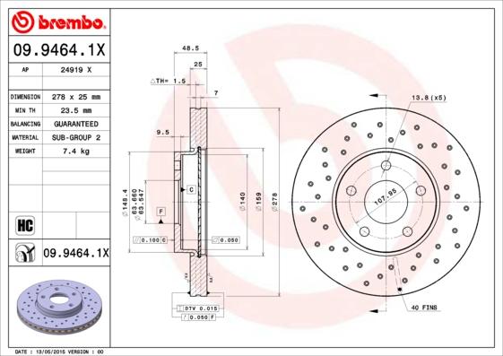 Brembo 09.9464.1X - Discofreno autozon.pro