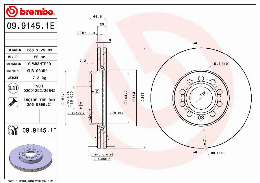 Brembo 09.9145.1E - Discofreno autozon.pro