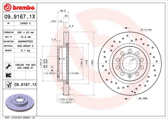 Brembo 09.9167.1X - Discofreno autozon.pro