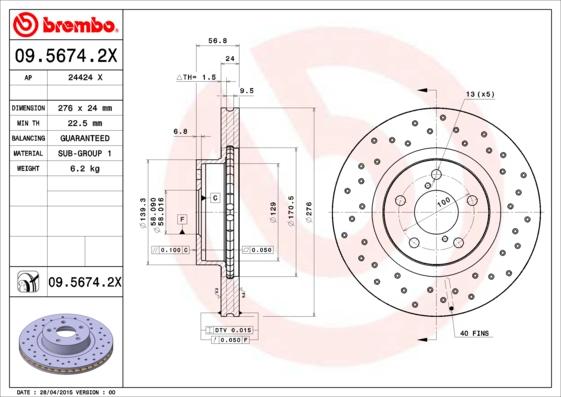 Brembo 09.5674.2X - Discofreno autozon.pro