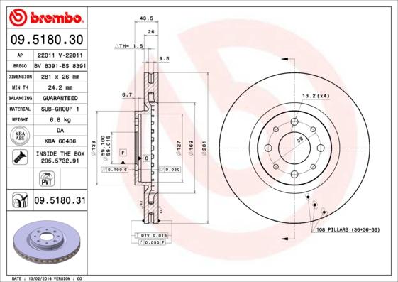 Brembo 09.5180.30 - Discofreno autozon.pro