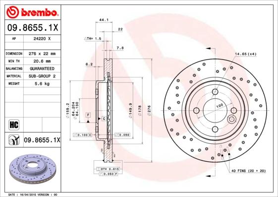 Brembo 09.8655.1X - Discofreno autozon.pro