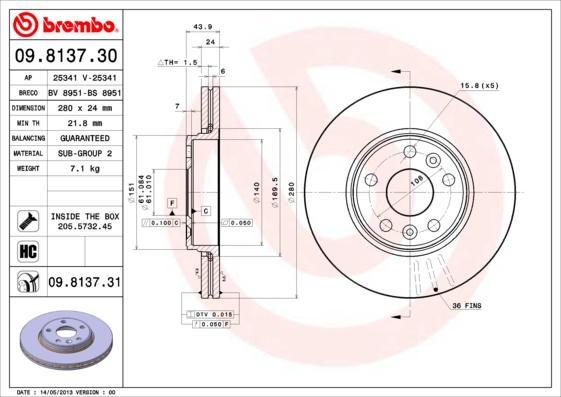 Brembo 09.8137.30 - Discofreno autozon.pro