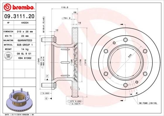 Brembo 09.3111.20 - Discofreno autozon.pro