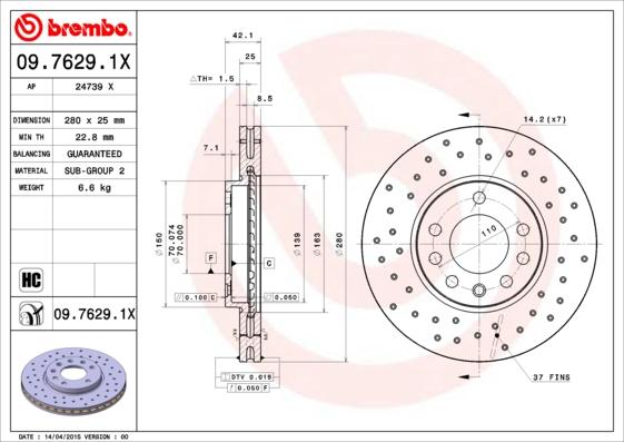 Brembo 09.7629.1X - Discofreno autozon.pro