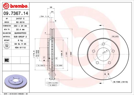 Brembo 09.7367.14 - Discofreno autozon.pro