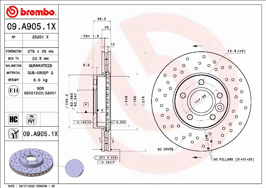 Brembo 09.A905.1X - Discofreno autozon.pro