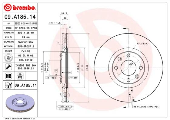 Brembo 09.A185.11 - Discofreno autozon.pro