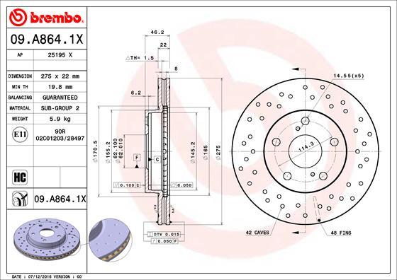 Brembo 09.A864.1X - Discofreno autozon.pro