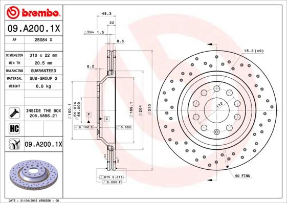 Brembo 09.A200.1X - Discofreno autozon.pro