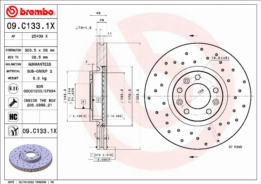 Brembo 09.C133.1X - Discofreno autozon.pro