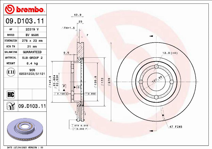 Brembo 09.D103.11 - Discofreno autozon.pro